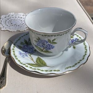 TRULY White Teacup & Saucer with Blue Floral Hydrangea Design